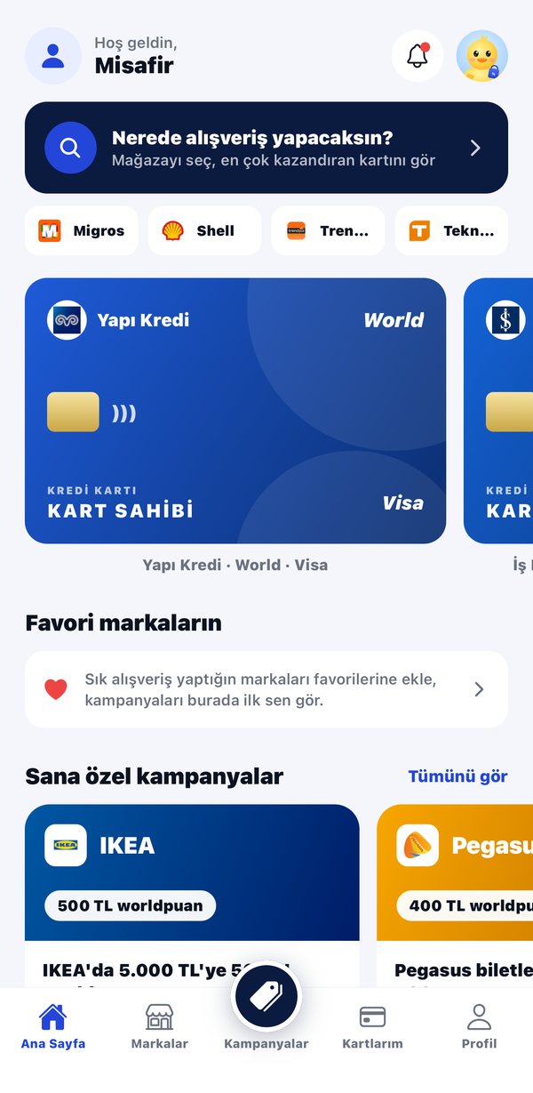 Cardopia ekranı: Ana sayfa